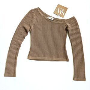 Seven Wonders Crop Knit Brown Sweater Size XS One Shoulder Long Sleeve Beachy